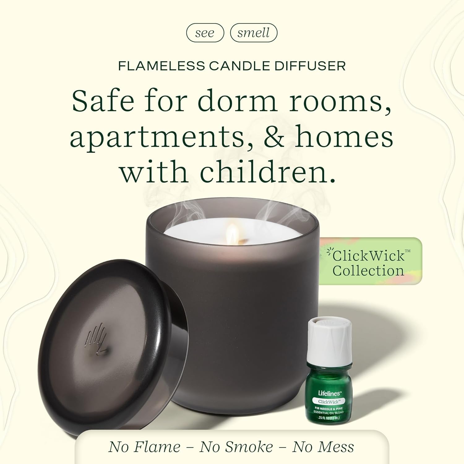 Flameless Candle Aromatherapy Essential Oil Diffuser with Clickwick Essential Oil Blend - Cordless & Waterless Diffuser for Home - Scented Electric Candles Blow Out Flame - Frosted Charcoal